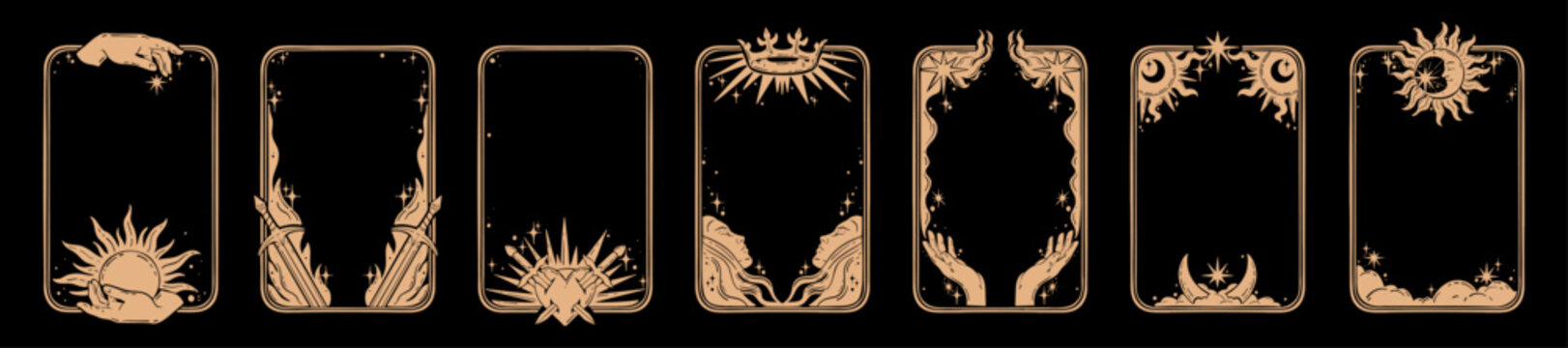 Tarot card frames, esoteric mystic decoration border set vector hand drawn dark celestial background. Astrology medieval mystery cover illustration, vintage sun, moon sign. Tarot card design graphic