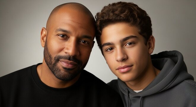 A heartwarming portrait of a father and son posing together in a studio setting.