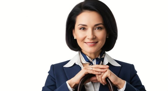 A confident Asian businesswoman in a navy blue suit smiling at the camera with a briefcase