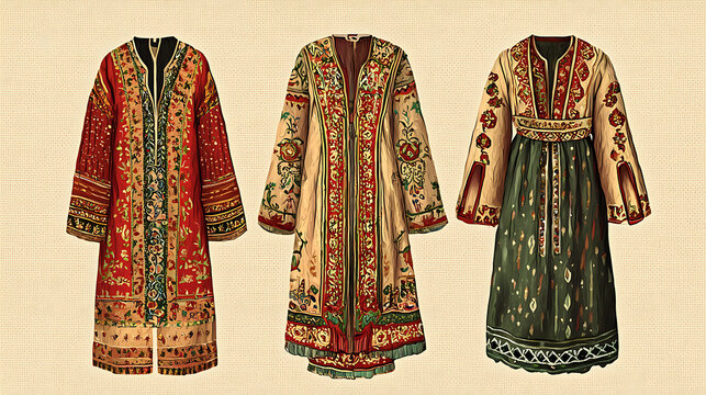 Traditional clothing on display includes ornate dresses and robes