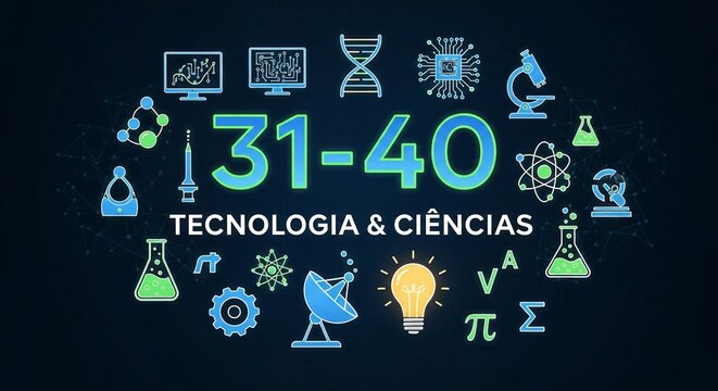 A colorful illustration of science and technology symbols surrounding the text 31-40 Tecnologia & Ciencias