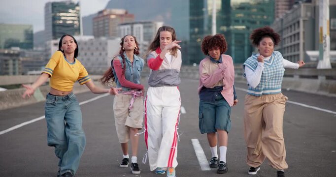Hip Hop, diversity and dance with people in city for freedom, creative art or grunge motion performance on road. Content creation, influencer friends and energy for breakdance, talent and celebration
