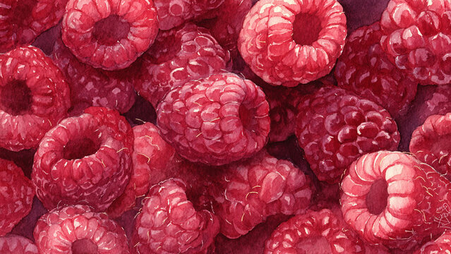 Hand-painted watercolor illustration of raspberries in full frame composition, dense overlapping berries with soft texture and deep red tones, ideal for food background.