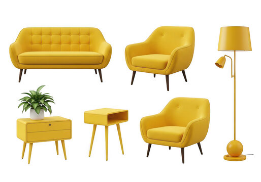 A collection of modern mid-century style yellow furniture including chairs a sofa and floor lamp