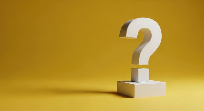 A large white question mark on a yellow background