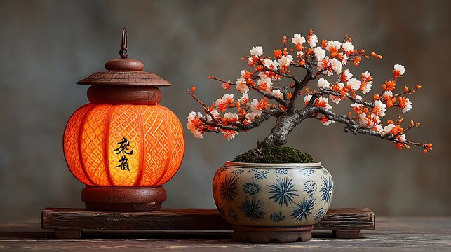 A bonsai tree and a lantern on a wooden table