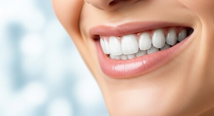 Obraz premium Closeup of a womans smile with white teeth and pink lips on blurred background