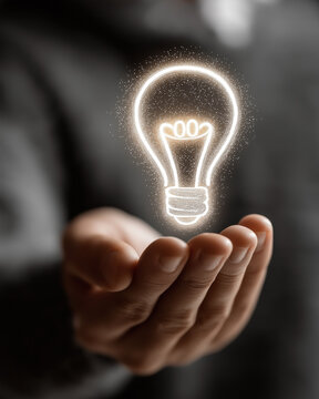 Illuminating Innovation: A close-up shot of a hand gently cradling a glowing light bulb, symbolizing new idea, creativity and ingenuity. 