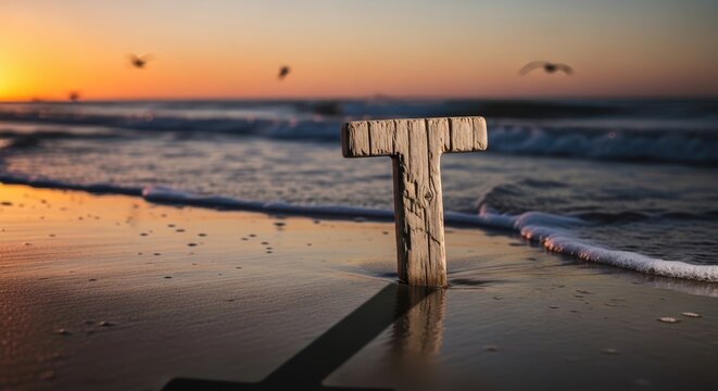 Serene sunset with a wooden cross on the shoreline
