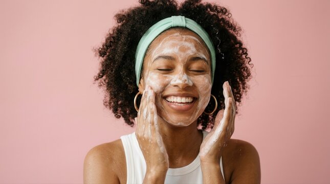 Happy woman washing face with cleansing foam
