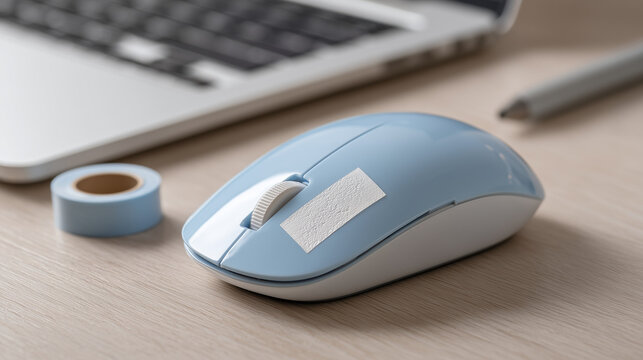 Blue Wireless Optical Computer Mouse with Mini Tape Roll on Desktop for Modern Office Workspace Concept