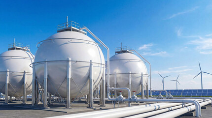 Obraz premium Hydrogen plant with spherical industrial tanks solar panels wind turbines blue sky clean energy sustainable technology renewable power modern infrastructure