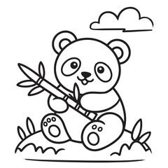 Fototapeta premium Adorable baby panda sitting on grass and eating bamboo branch coloring page for children with simple outlines and cute facial expression