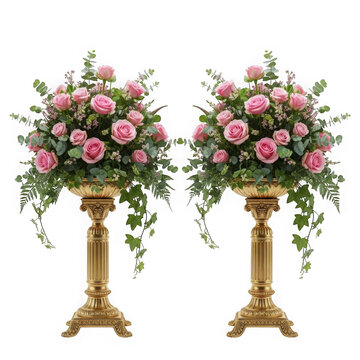 Elegant floral arrangements displayed on ornate pedestal stands with two tiers each