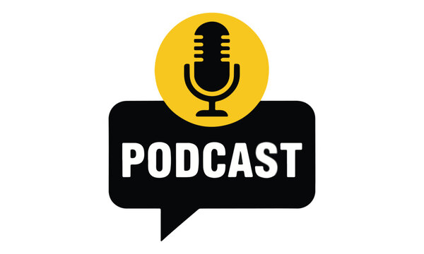 Podcast icon with microphone in yellow circle and black speech bubble