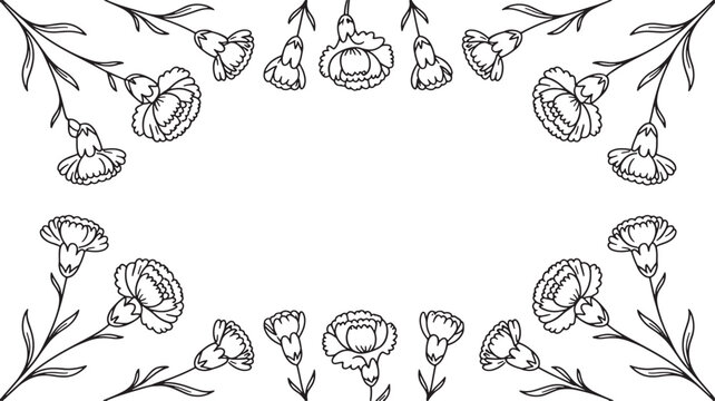 Floral decorative frame with carnations and leaves, hand-drawn line art, vintage botanical illustration, elegant border design. Vector illustration