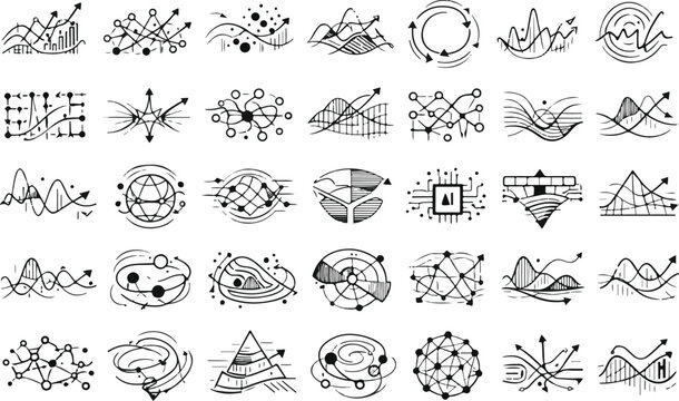Minimalist tech doodles with financial charts, neural networks and digital analytics