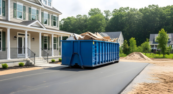 A blue dumpster on a residential street with a house