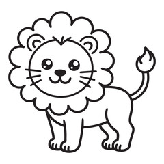 Fototapeta premium Cute lion character vector illustration with mane and happy face for coloring page and children zoo animal art project in line drawing