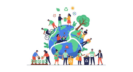 Fototapeta premium Sustainable Living Global Community: People Caring for Earth, Recycling, Gardening, and Engaging in Eco-Friendly Practices for a Healthy Planet