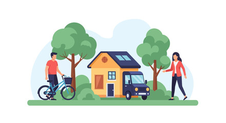 Naklejka premium Eco-Friendly Home Delivery and Urban Lifestyle Illustration: Bicycle, Delivery Van, House, and People in a Green Neighborhood