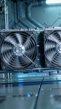 Vertical video: Powering on, pair of axial fans spinning on PCB at test bench, cooling board