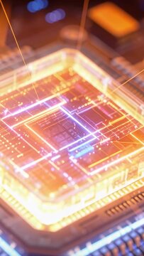 Clear microchip package receiving power and activating circuits in tech lab, emitting pulsing ring