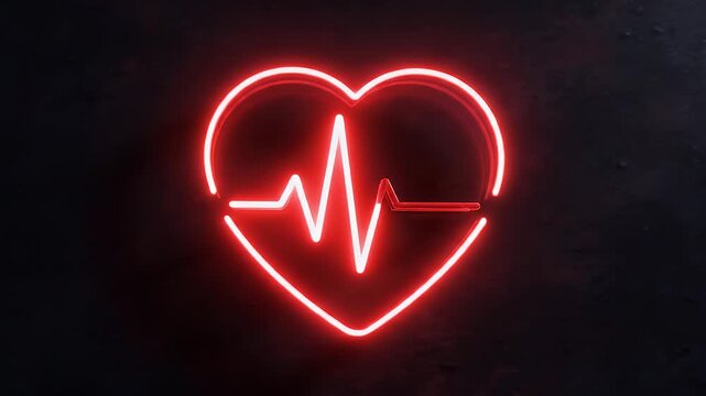 Neon heart with electrocardiogram line glowing brightly on a dark, textured background, symbolizing life and health