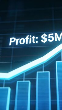 Vertical video: Animating glowing bar chart on screen, frames driving cyan trend toward Profit: $5M
