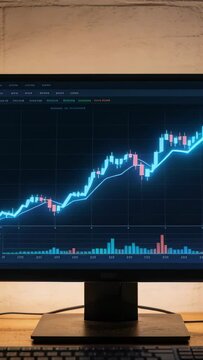 Vertical video: Market data driving monitor showing candlestick chart rising on desk, volume bars