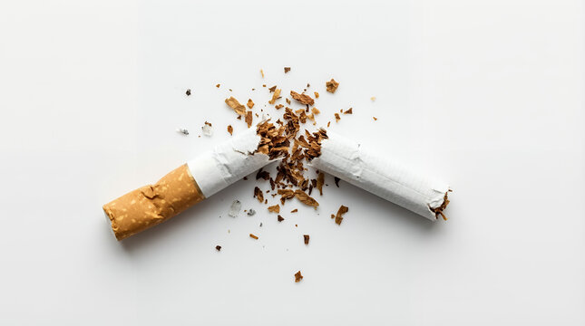Broken cigarette with tobacco spilling out.