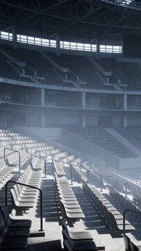 Empty sports seats centered, camera zoom starting light rays showing stairs haze adding contrast