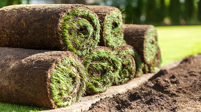 Fresh sod rolls stacked outdoors, ready for new lawn installation, with rich soil and vibrant green grass under clear daylight, creating a clean domestic landscape
