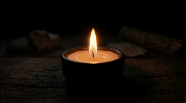 A lit candle in a cup.