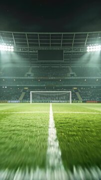 Vertical video: Camera pushing center line toward goal for football pre-match intro, stadium lights