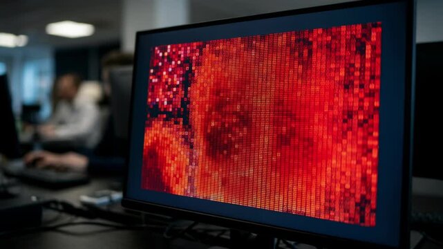 Dynamic heatmap on an AI credit evaluation screen in focus showcasing risk distribution details while the peripheral interface remains softly out of focus.