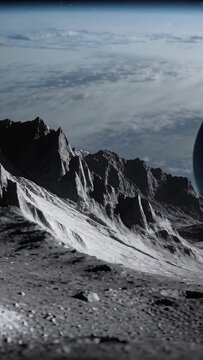 Vertical video: Panning camera slowly bringing rocky ridge closer on moon plain, with dark planet