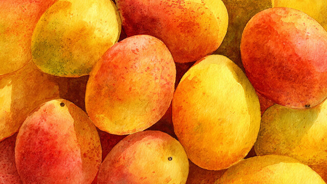 Hand-painted watercolor illustration of mangoes in full frame composition, dense overlapping fruits with warm yellow and orange tones, smooth texture, ideal for food background.