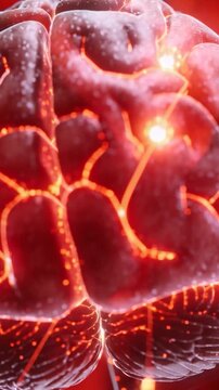 Vertical video: Camera pulling back showing 3D brain, nodes pulsing to map neural links for health