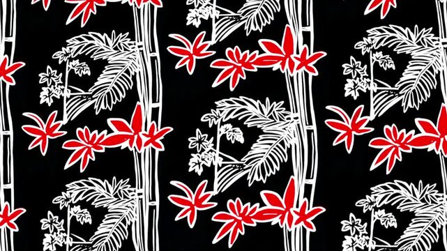 Red flowers around bamboo stems and black palm leaves move vertically across a white background forming a seamless tile loop for video background.