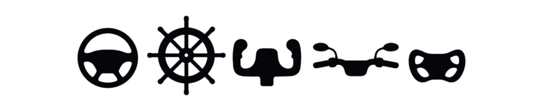 Row of five control and steering icons including steering wheel and ship helm