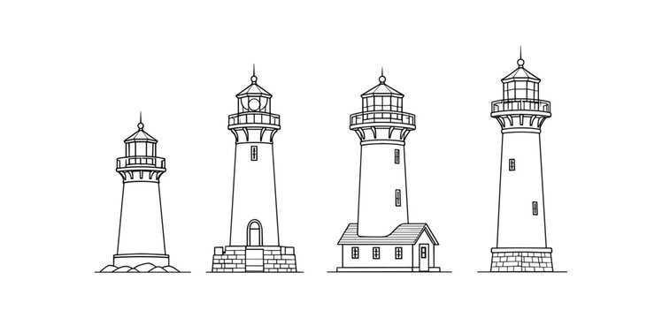 Four black outline lighthouse illustrations in simple line art with varied bases and lantern details