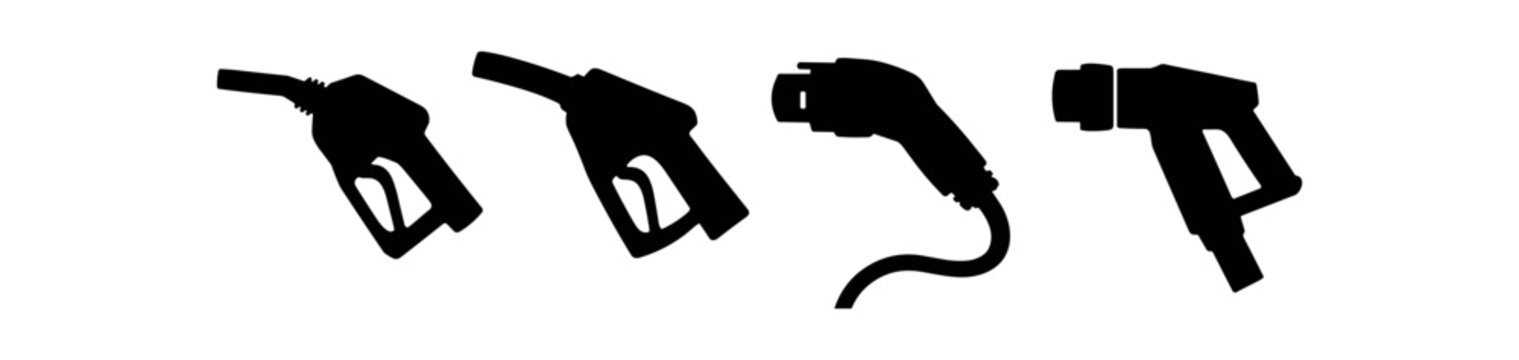 Series of four solid black fuel nozzles and an electric charging plug silhouette