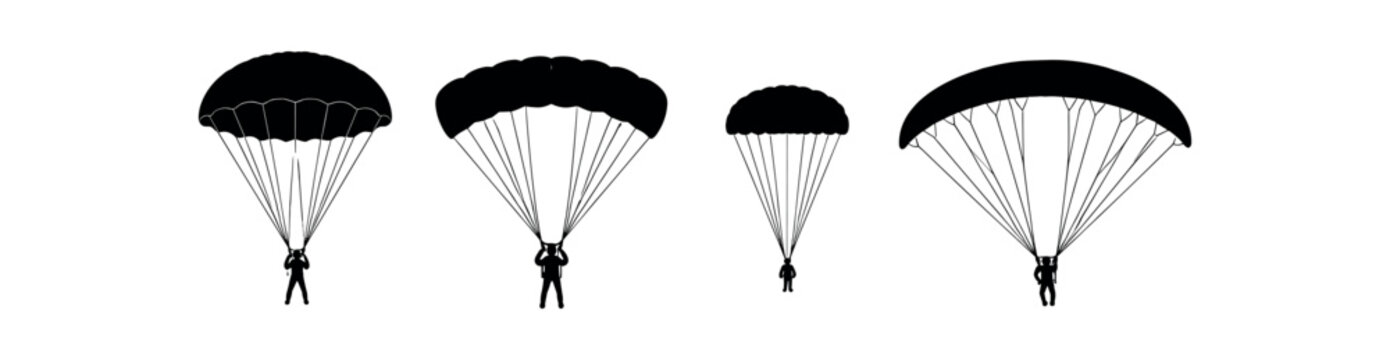 Row of four black silhouette parachutes with hanging jumpers in different canopy shapes and sizes
