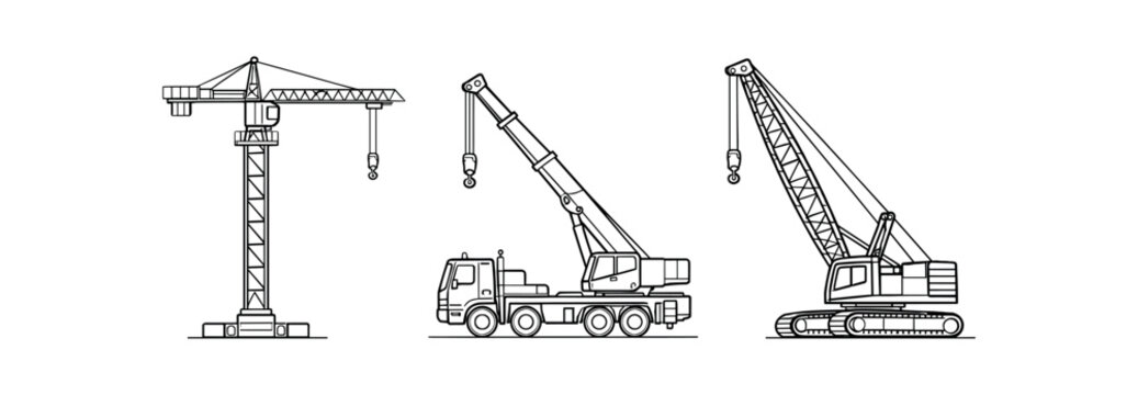Three black outline crane types in a row including tower crane mobile truck crane and crawler crane