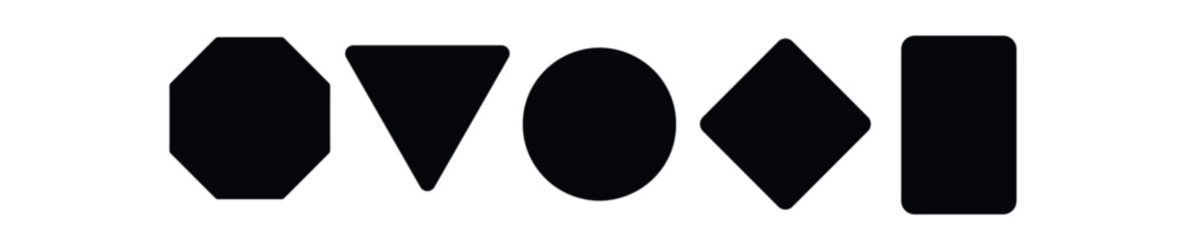 Five solid black geometric shape silhouettes in a row including octagon and rounded rectangle