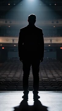 Man standing onstage spotlight activating casting shadow across theater seats while testing lights