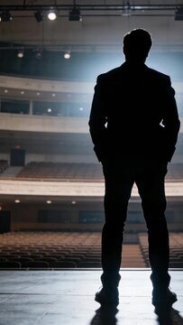 Vertical video: Lights rising, man in suit shifting stance, tilting head on center stage rehearsing