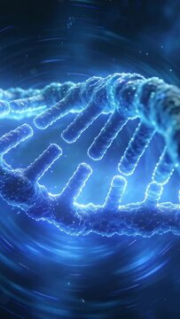 Glowing double helix rotating after camera shift in science visual, revealing nucleotide rungs