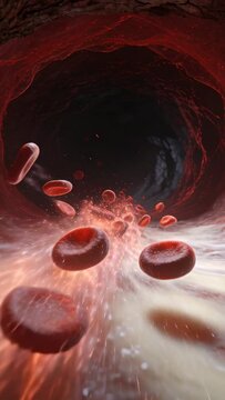 Vertical video: Moving camera sending red cells rushing toward lens inside vessel revealing surface